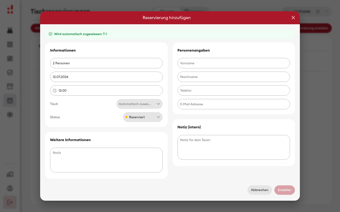 Reservierung hinzufügen - Dialog (Desktop)