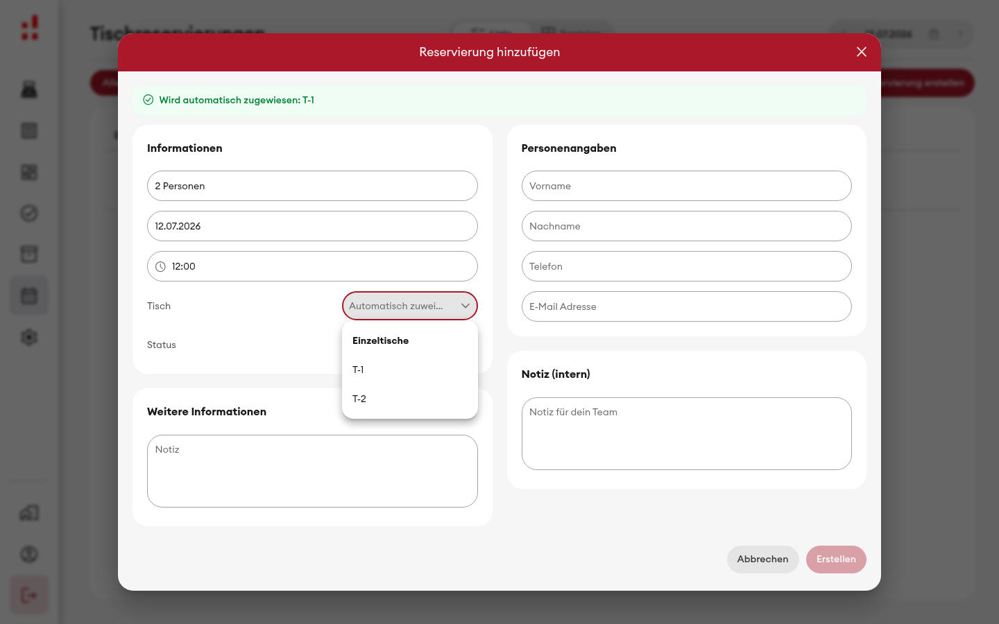 Reservierung - Dropdown 'Tisch' (Desktop)