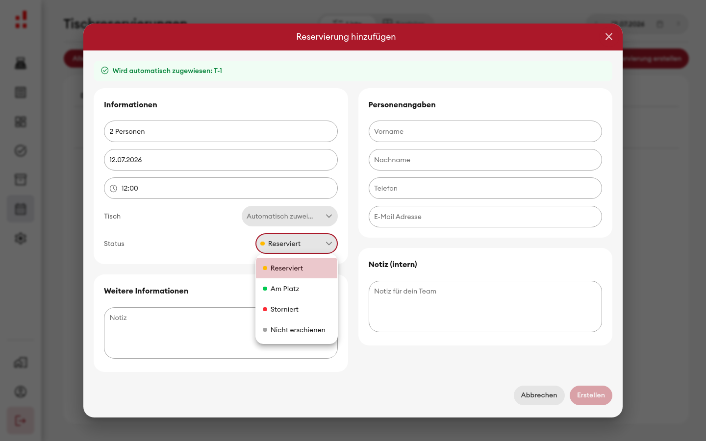 Reservierung - Dropdown 'Status' (Desktop)