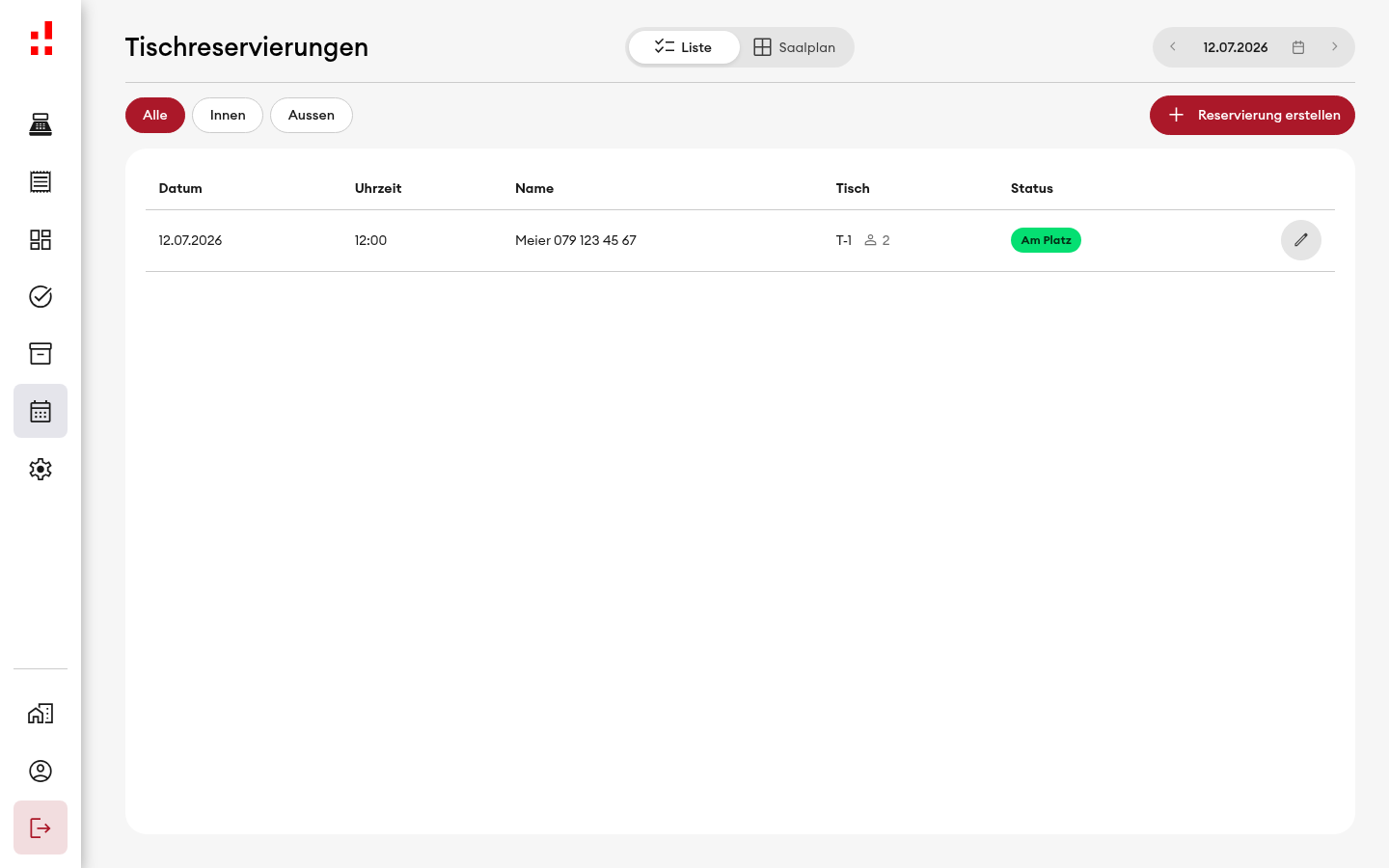 Tischreservierungen - Liste mit Eintrag (Desktop)