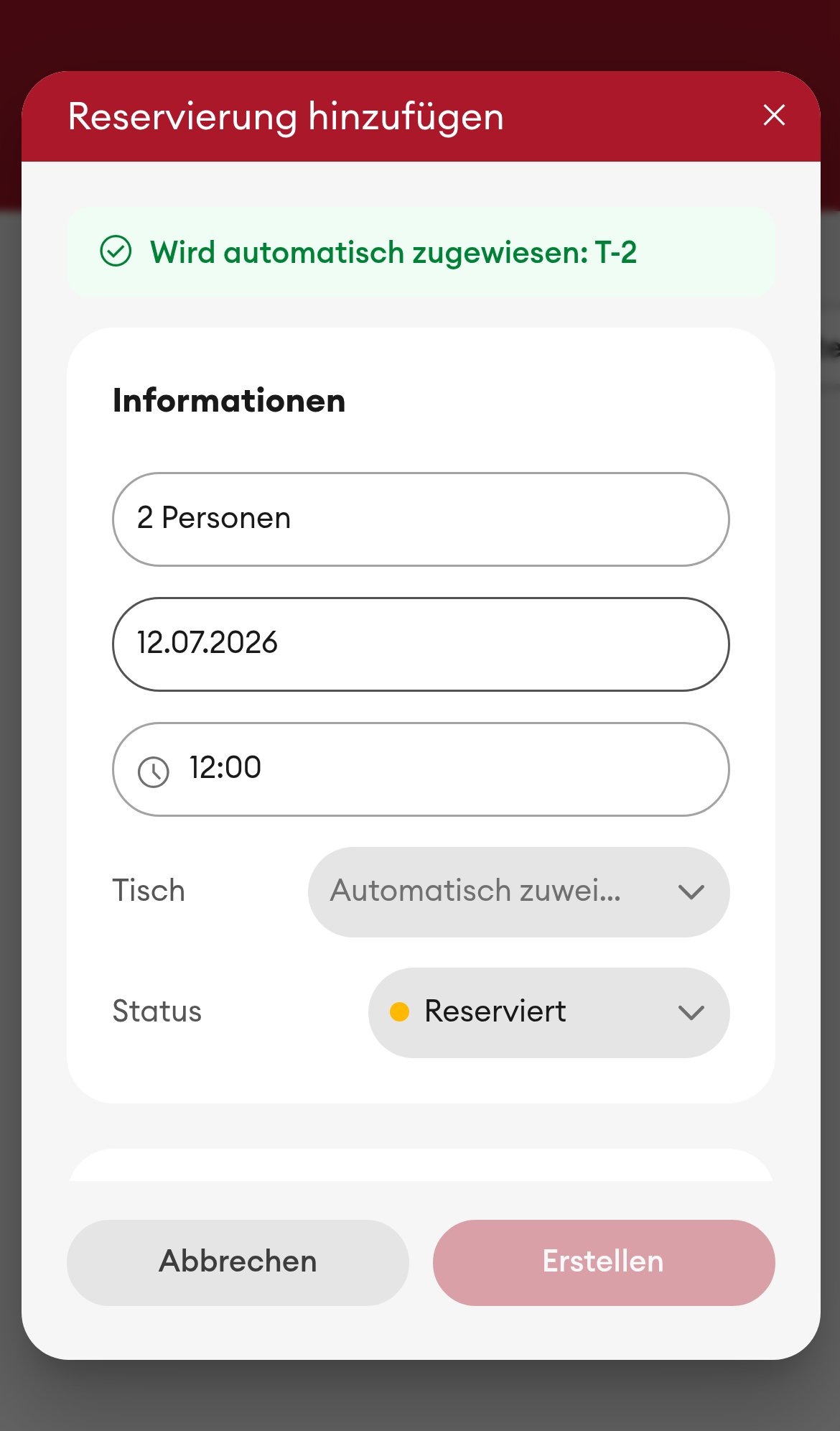 Reservierung hinzufügen - Dialog (Mobile)