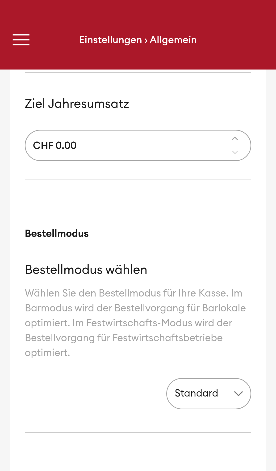 Einstellungen > Allgemein - Bestellmodus (Mobile)
