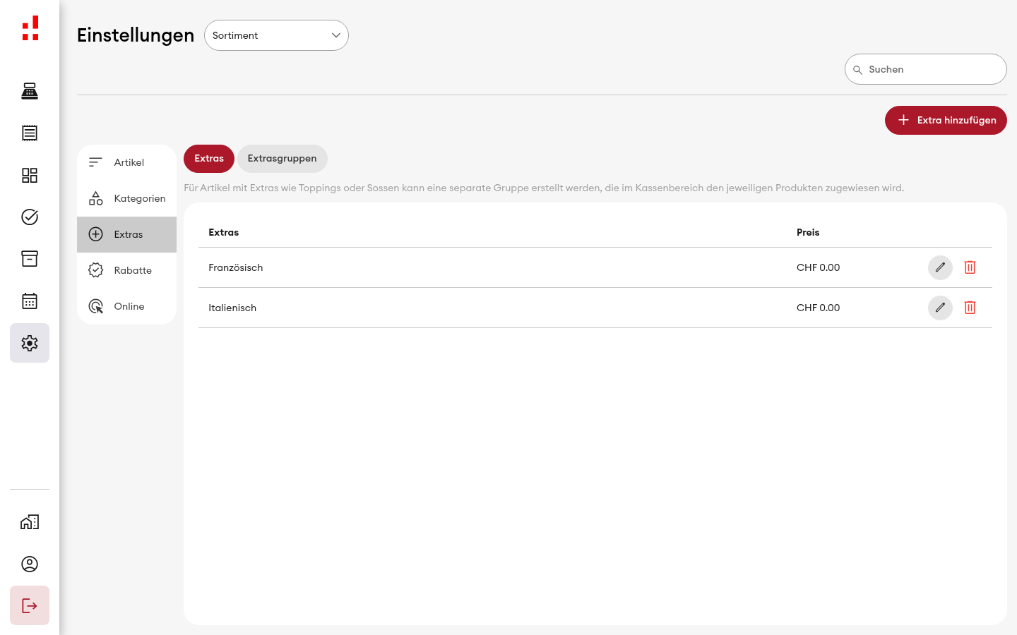 Einstellungen > Extras - Übersicht (Desktop)