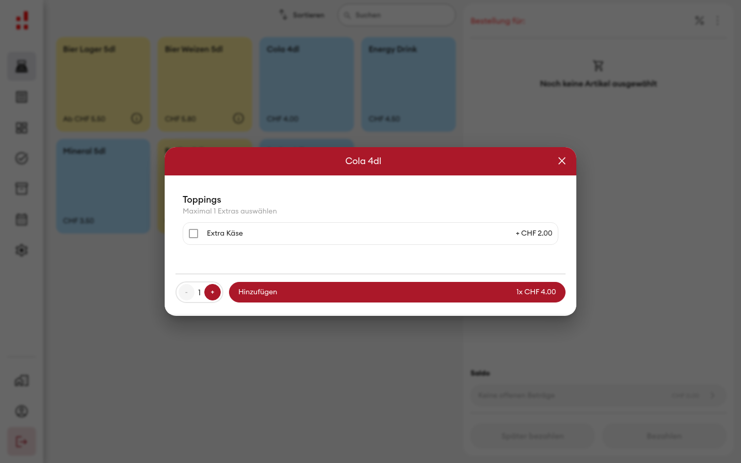 Kasse - Extras-Auswahl-Dialog (Desktop)