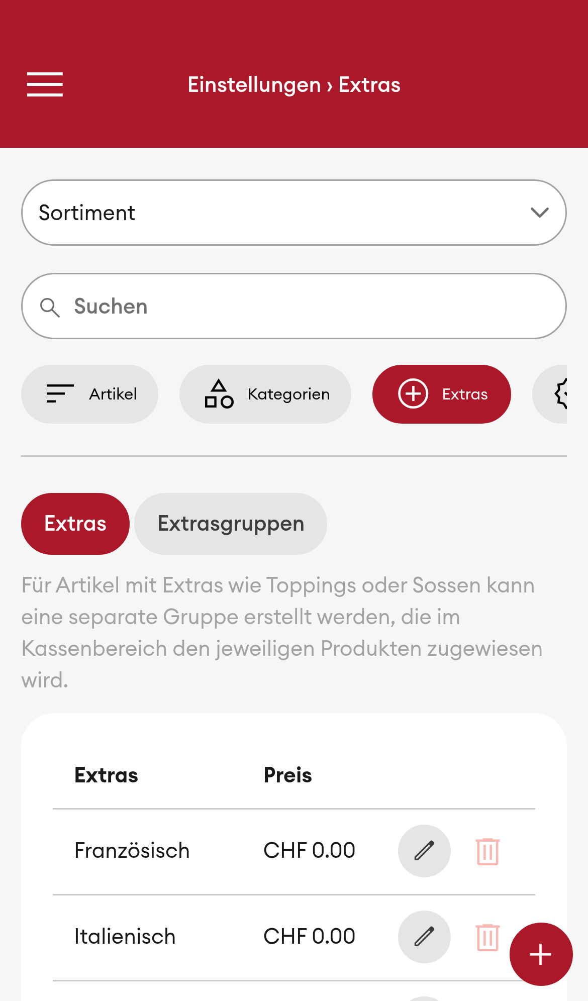 Einstellungen > Extras - Übersicht (Mobile)