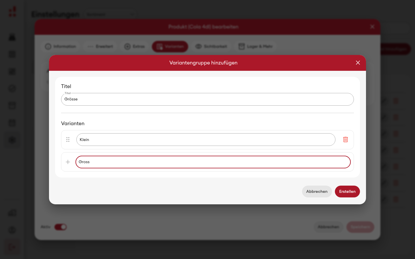 Variantengruppe - zwei Optionen eingegeben (Desktop)