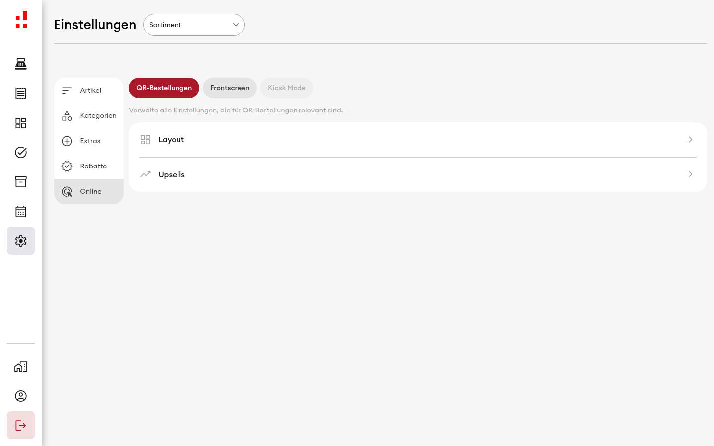 Einstellungen > Sortiment > Online