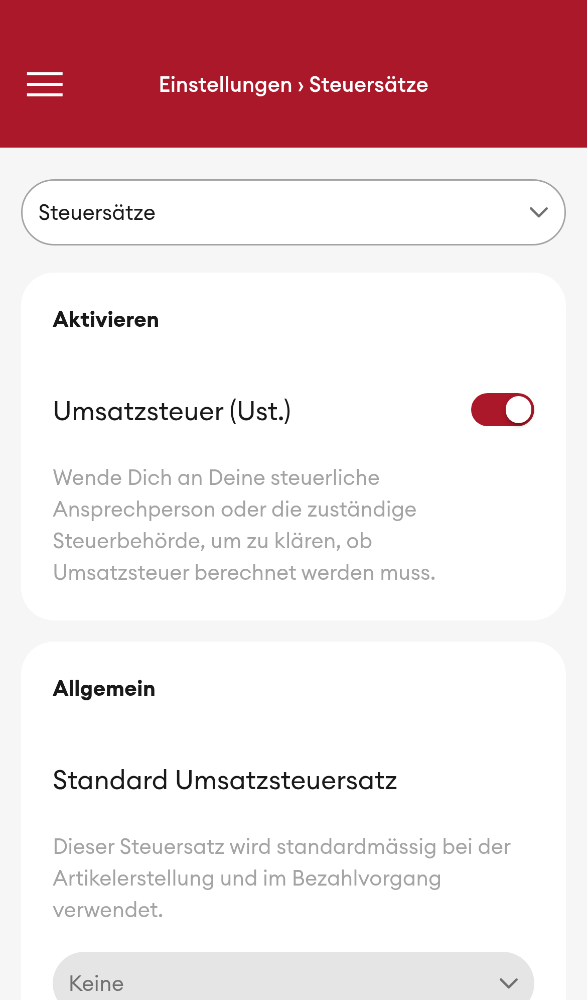 Einstellungen > Steuersätze - Übersicht (Mobile)