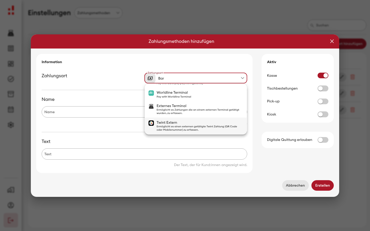 Zahlungsart hinzufügen - Dropdown Zahlungsart (Desktop)