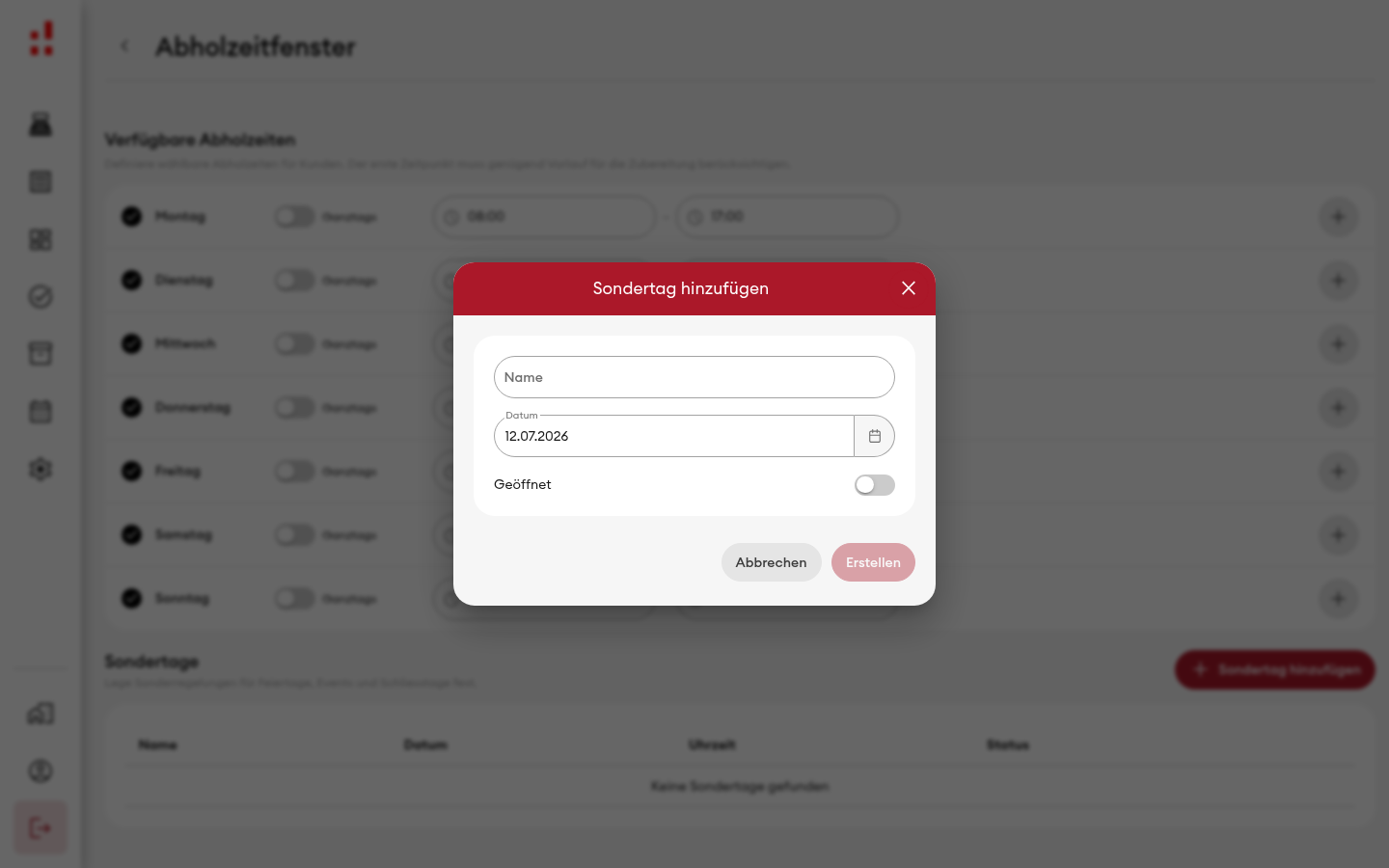 Sondertag hinzufügen - Dialog (Desktop)