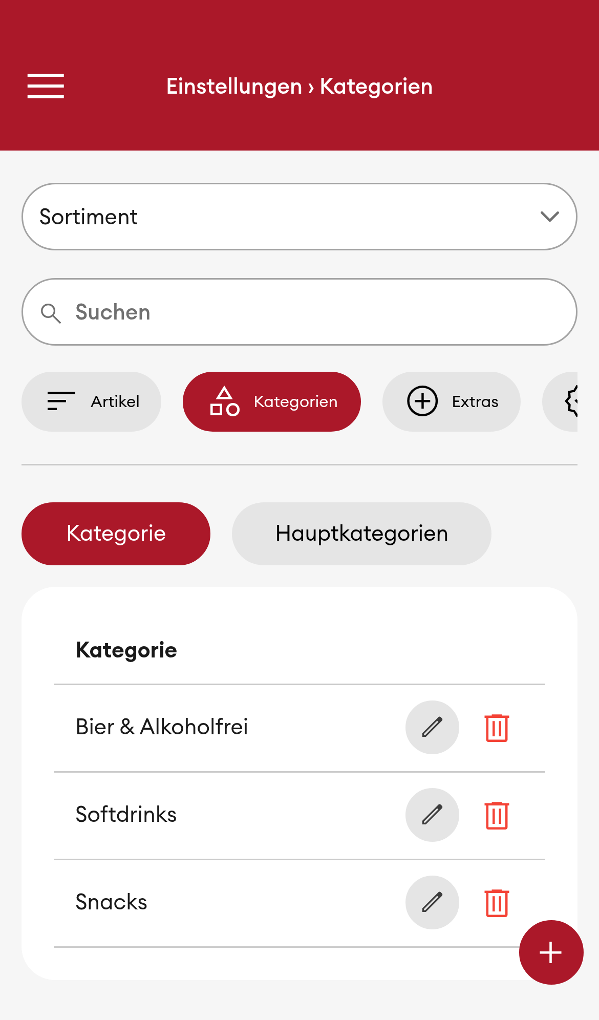 Einstellungen > Kategorien - Übersicht (Mobile)
