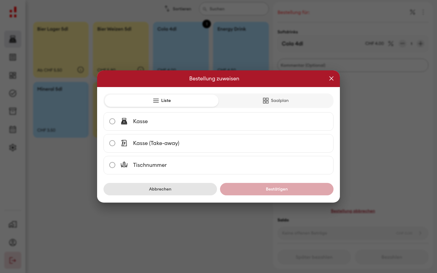 Bestellvorgang - Bestellung zuweisen (Kasse/Take-away/Tisch)