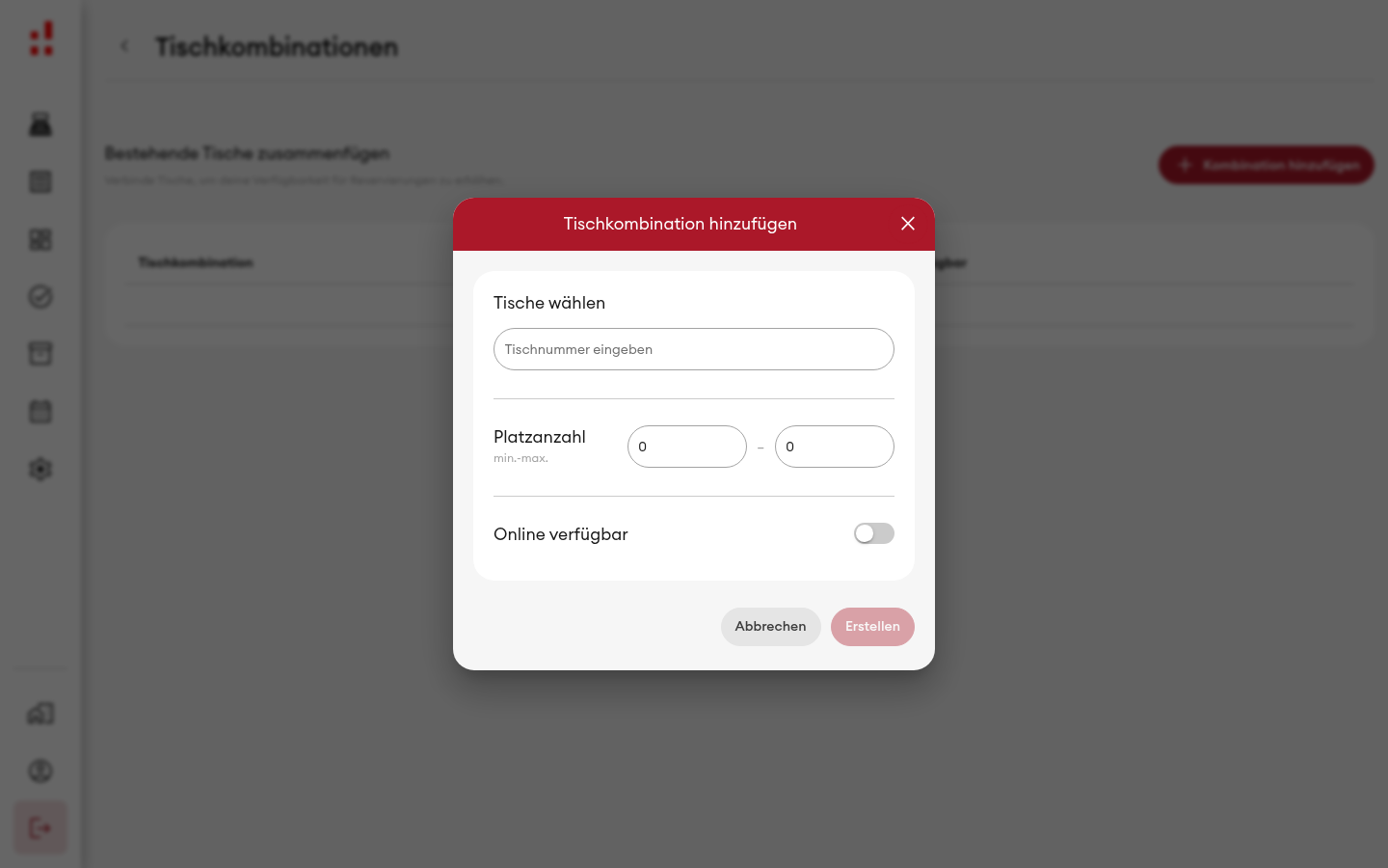 Tischkombination hinzufügen - Dialog (Desktop)