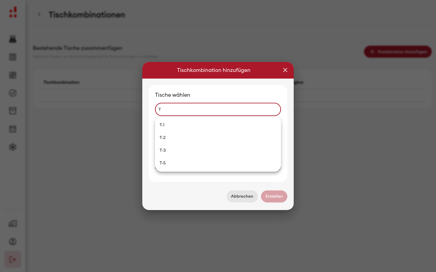 Tische wählen - Vorschlagsliste (Desktop)