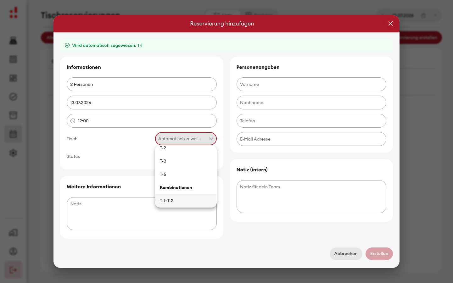 Reservierung erstellen - Tisch-Dropdown mit Kombination (Desktop)