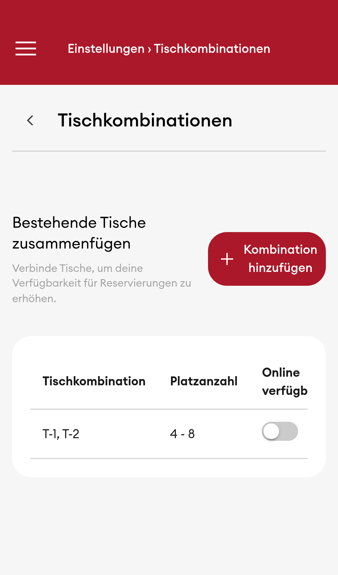 Tischkombinationen - Übersicht (Mobile)