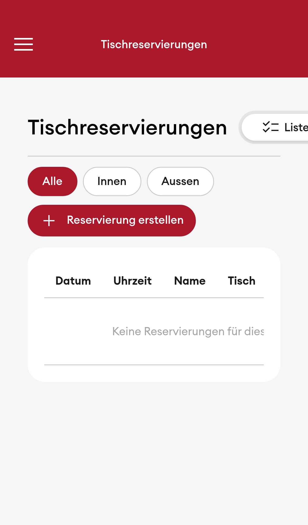 Tischreservierungen - Listenansicht (Mobile)