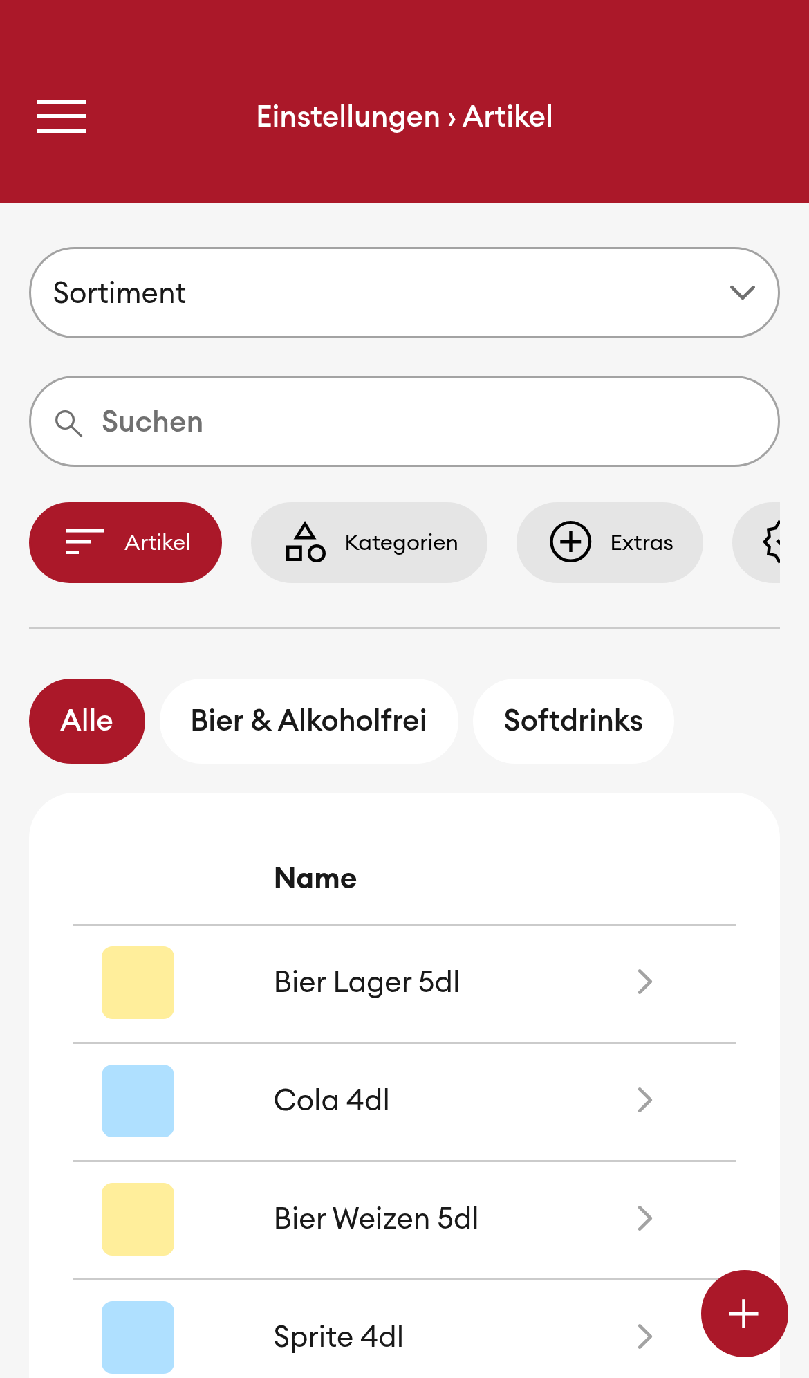 Einstellungen > Sortiment > Artikel (Mobile)