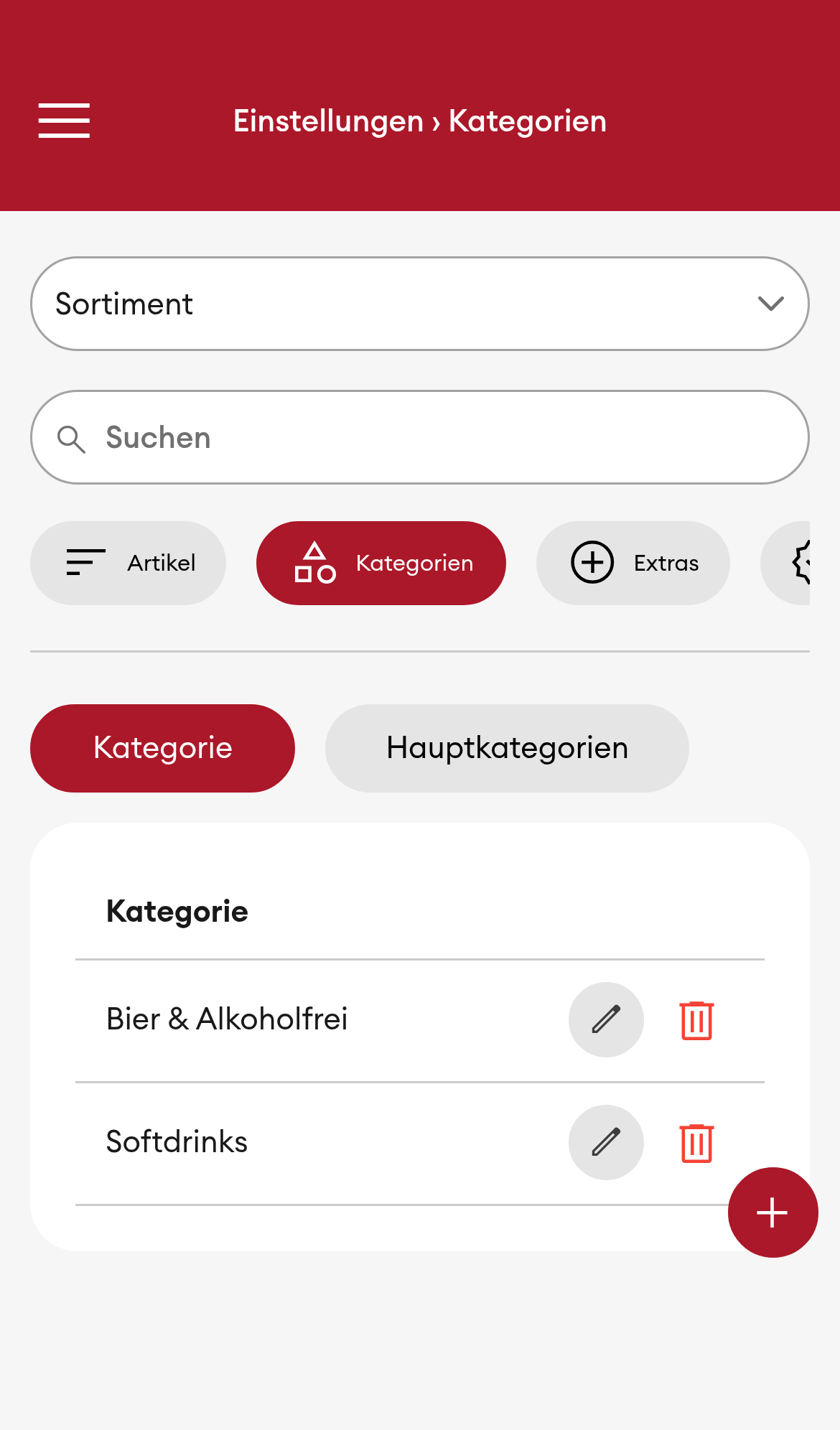 Einstellungen > Sortiment > Kategorien (Mobile)