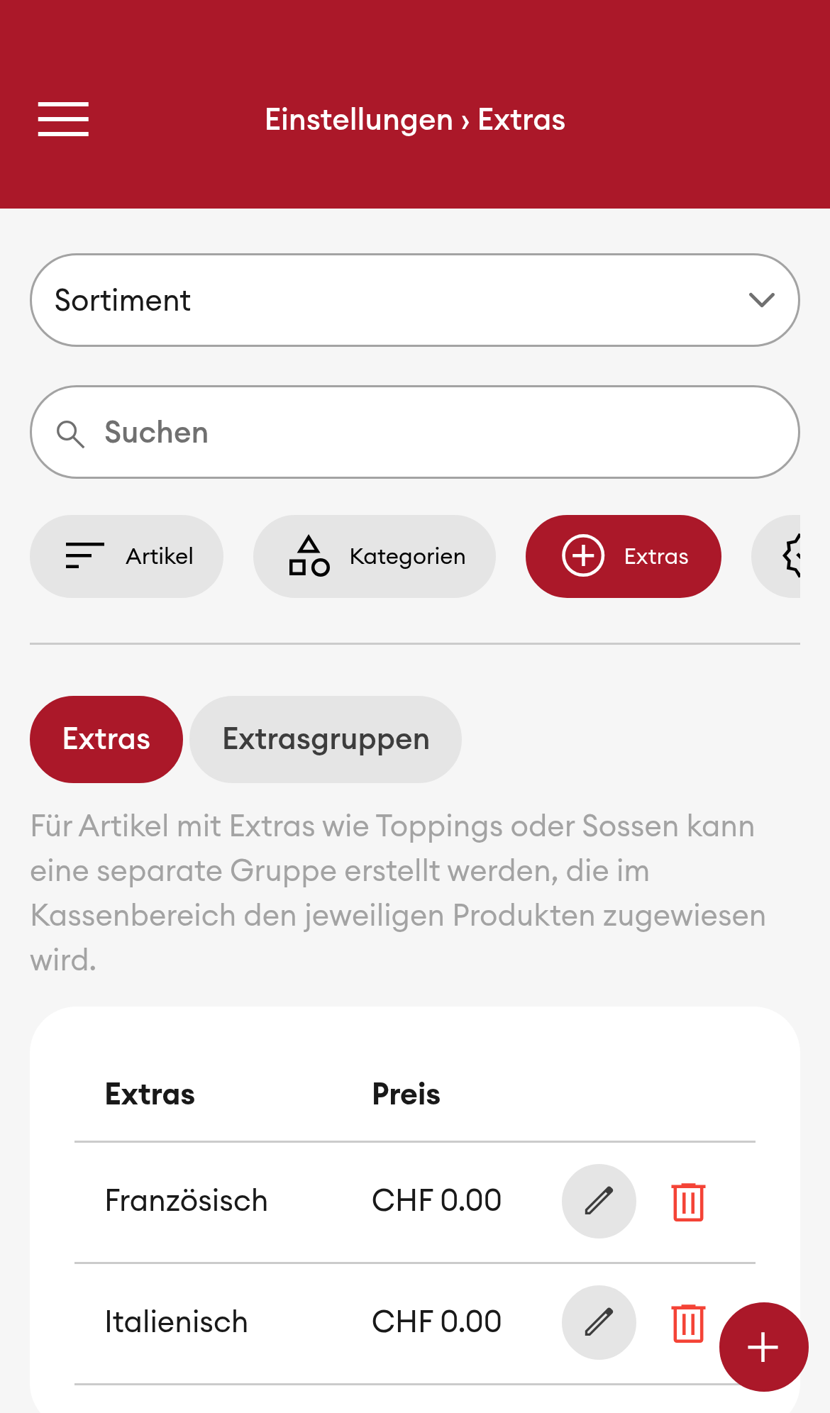 Einstellungen > Sortiment > Extras (Mobile)