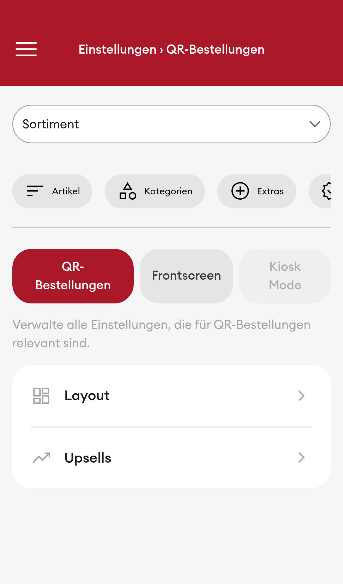 Einstellungen > Sortiment > Online (Mobile)
