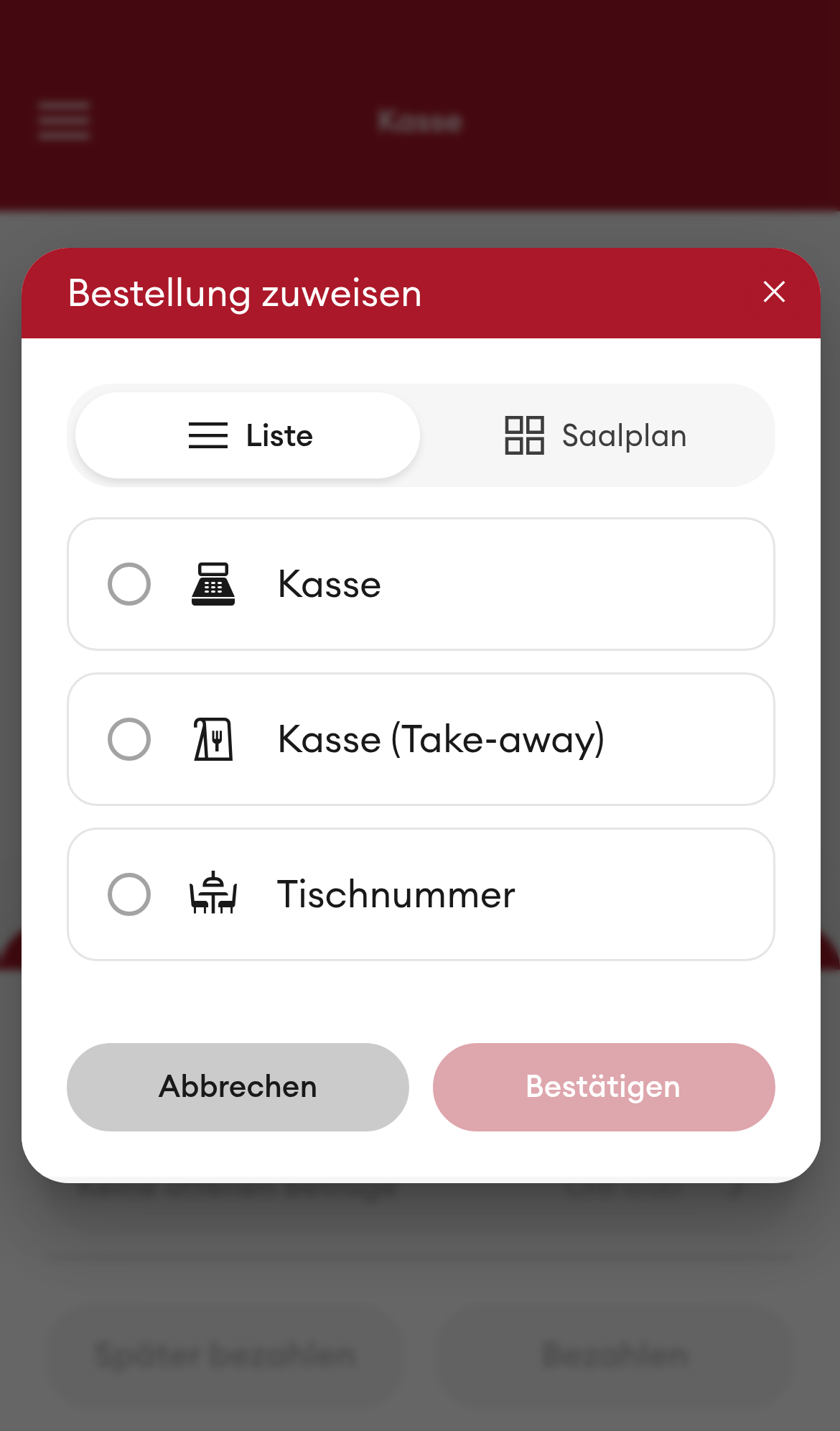 Bestellvorgang - Bestellung zuweisen (Kasse/Take-away/Tisch) (Mobile)