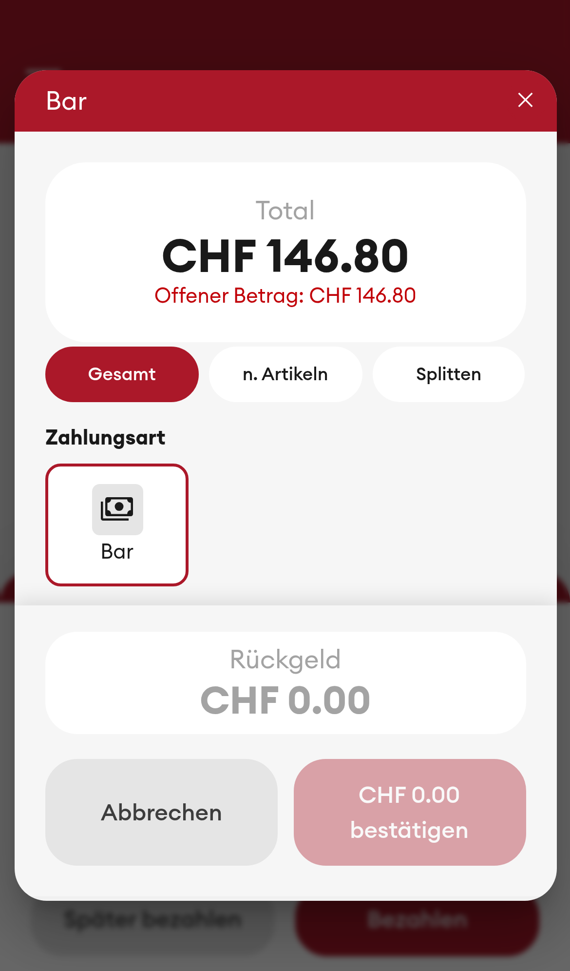 Zahlarten - Zahlungsdialog 'Bar' (Mobile)
