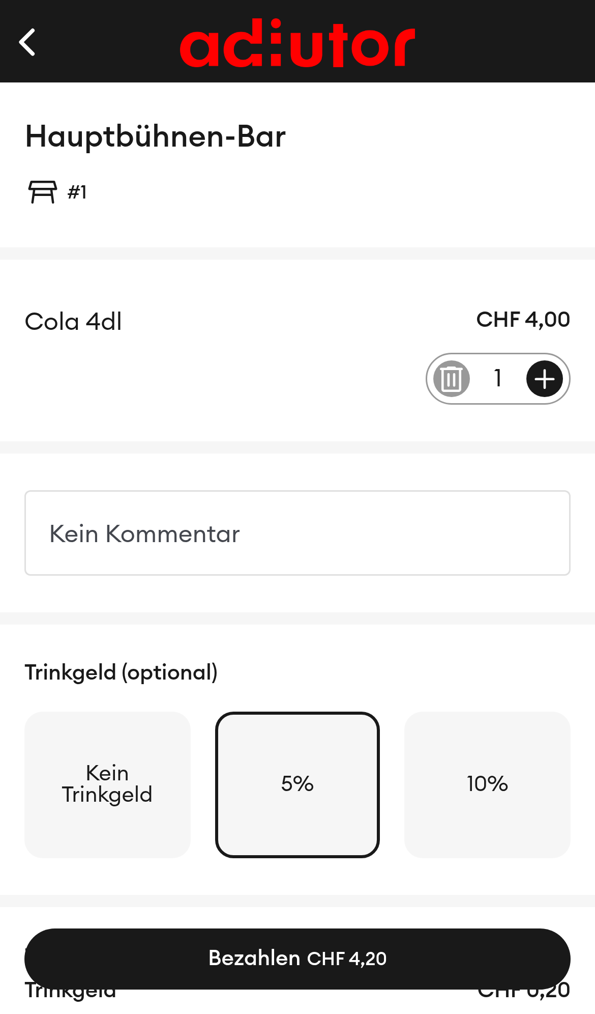 Kunden-Warenkorb mit Trinkgeld-Auswahl (Mobile)