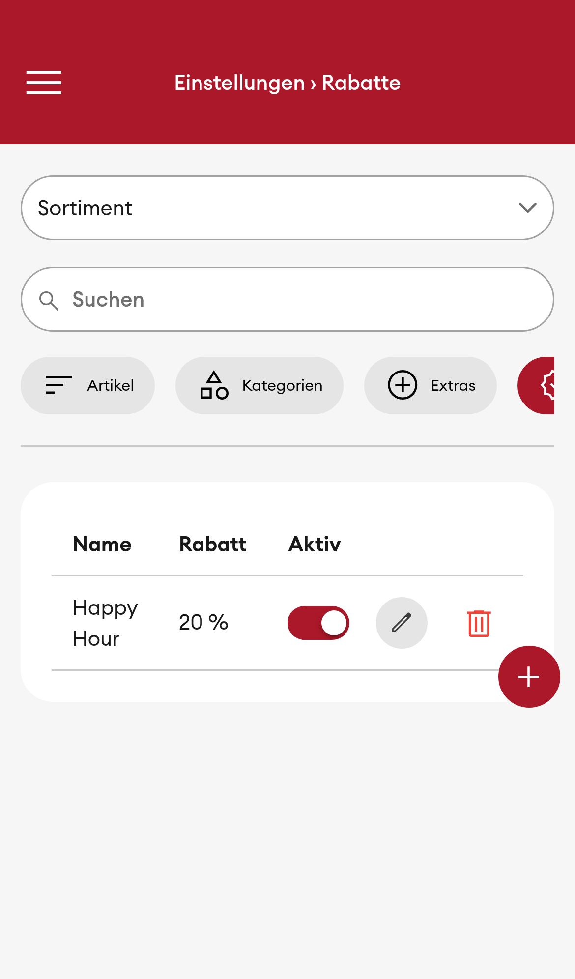 Einstellungen > Rabatte - Übersicht (Mobile)