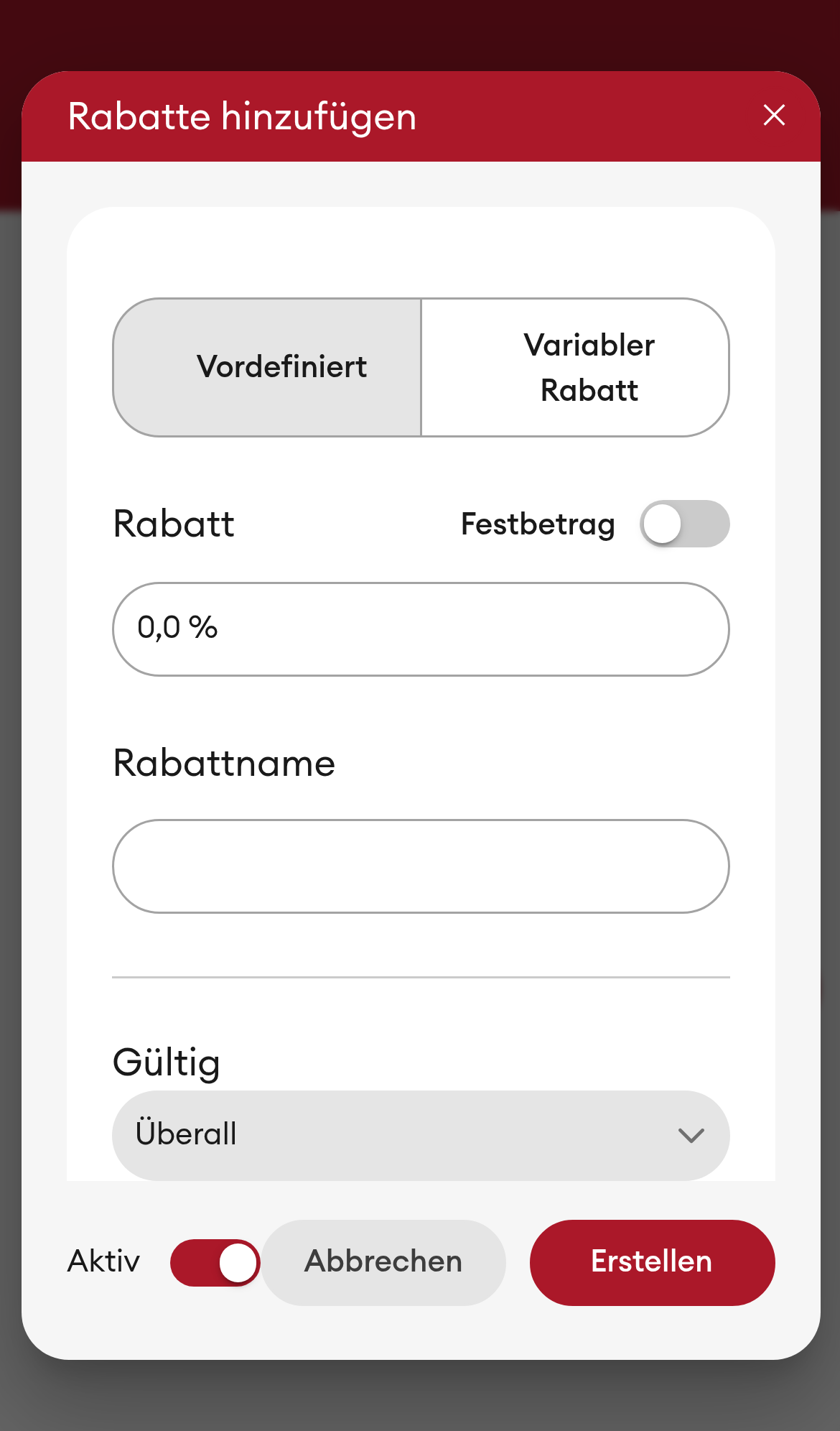Rabatt hinzufügen - Vollbild-Dialog (Mobile)